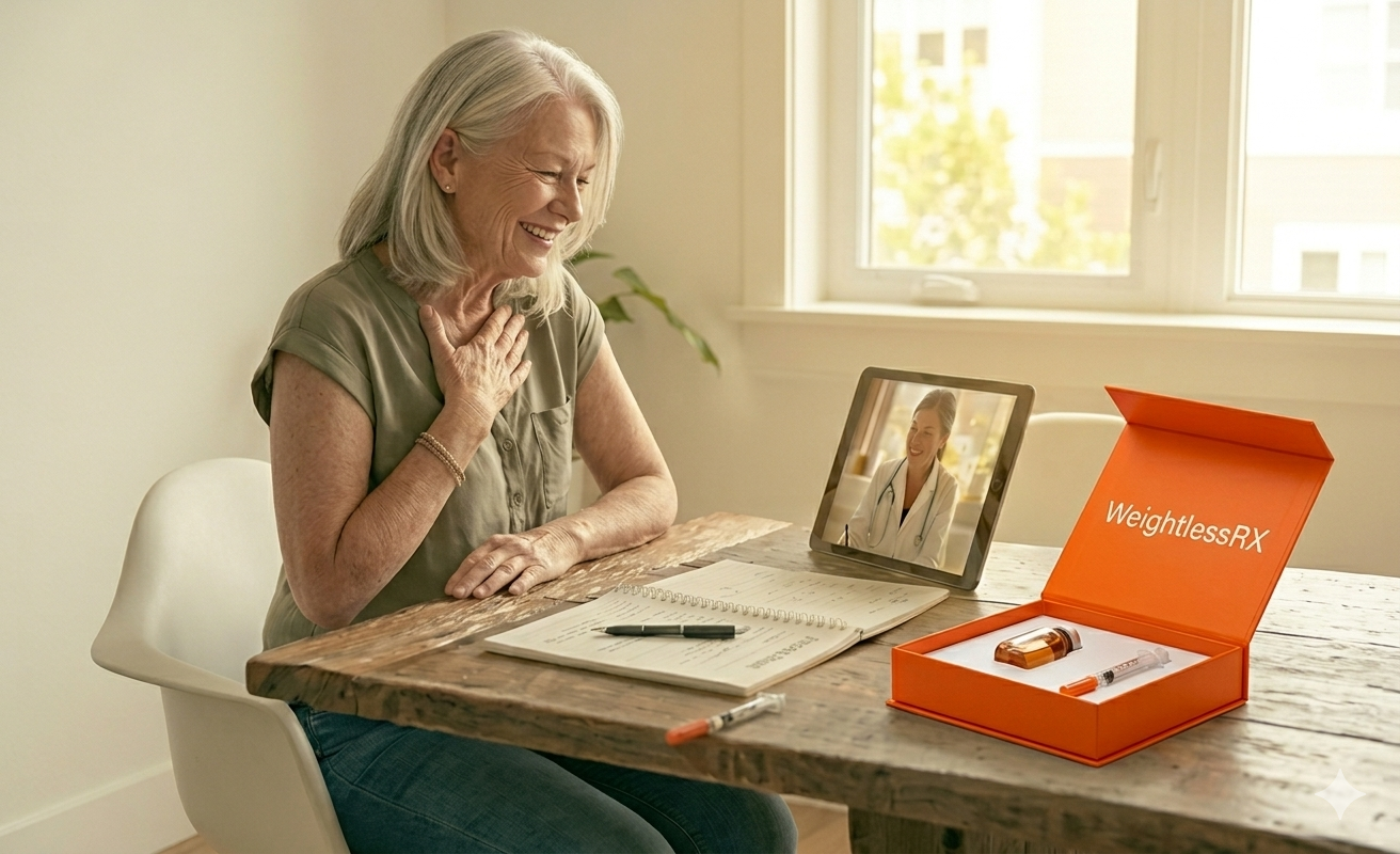 Member on a telehealth visit with her WeightlessRx kit on the table